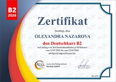 Aura Zertifikat B2 Olexandra Nazarova